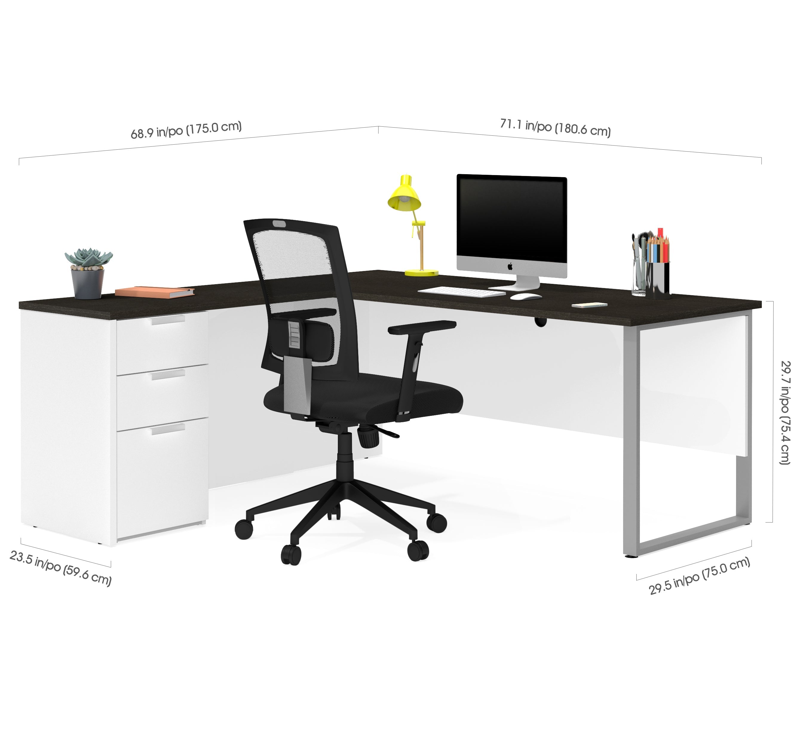 71" x 69" Single Pedestal L-shaped Desk in White & Deep Gray