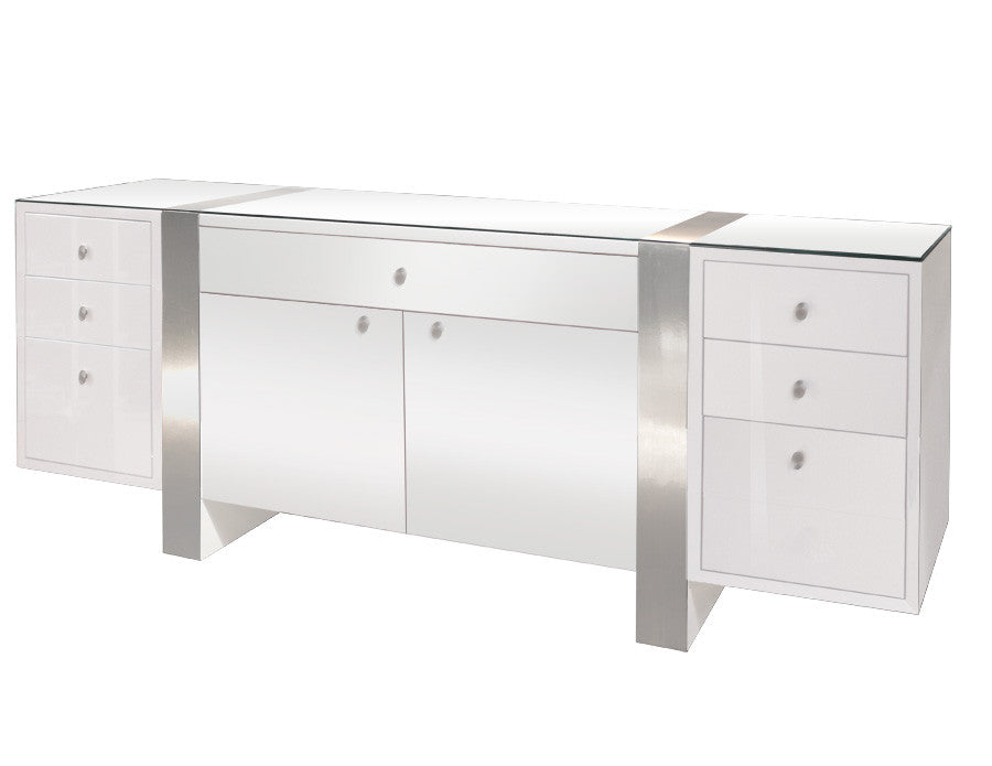 White Lacquer and Faux Brushed Aluminum Executive Desk