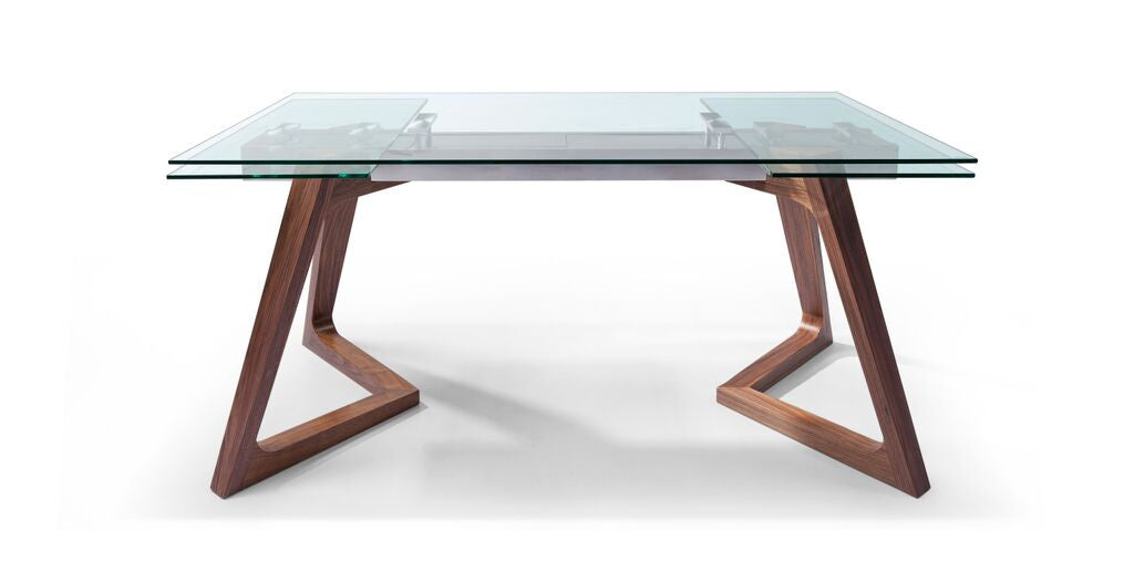 Modern Extending Glass Conference Table w/ Angled Walnut Legs (63" W to 95" W)